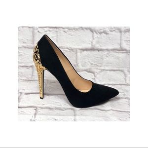 BRAND NEW JustFab Sarina Black/Gold Heels